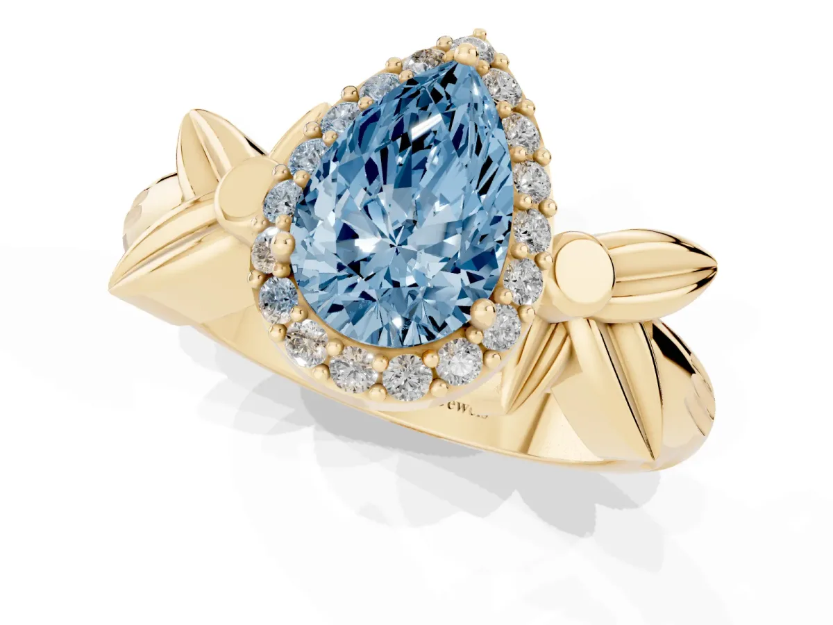 Fancy Blue Pear Cut Halo Diamond Floral Band with Four-Prong Setting Yellow gold