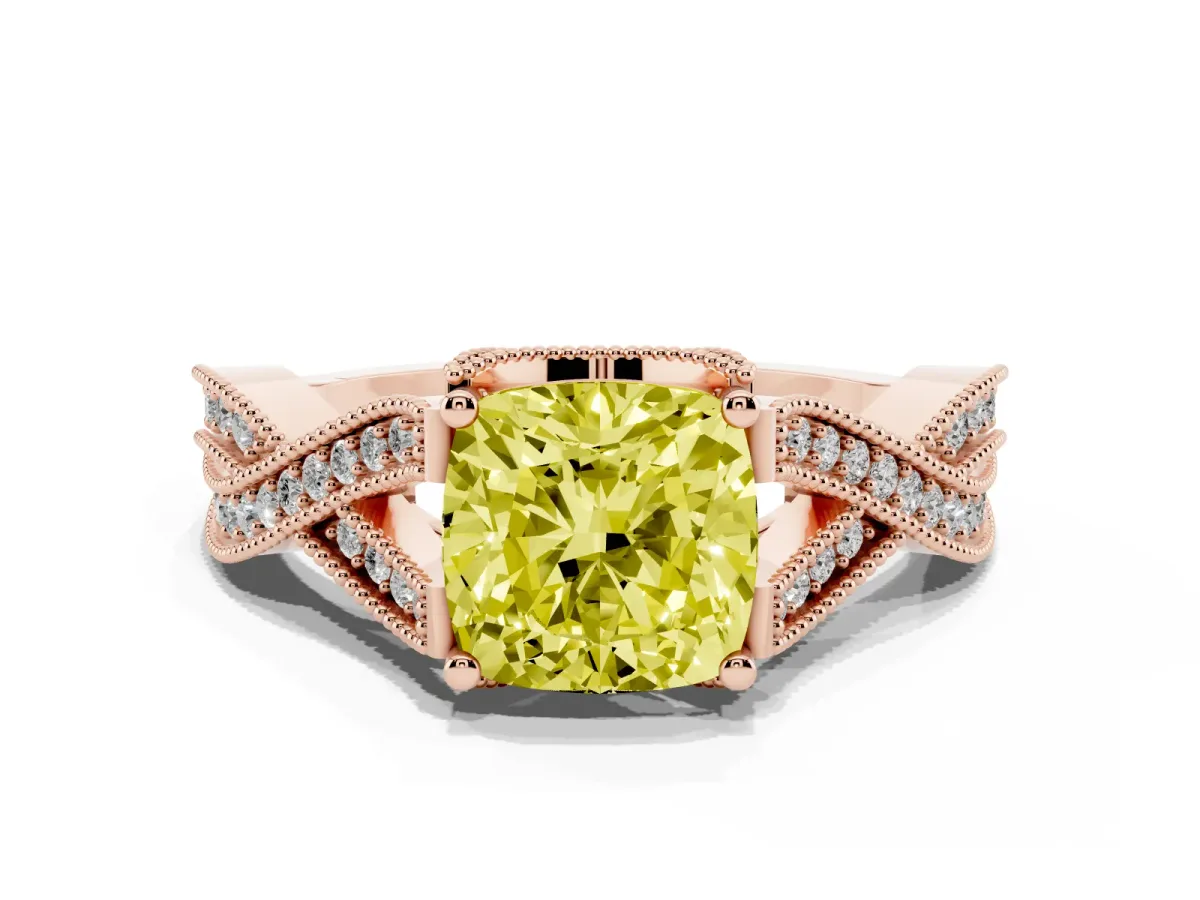 Fancy Yellow Cushion Cut Cut Diamond Twisted Band with Milgrain Pave Setting and Four-Prong Setting Rose gold
