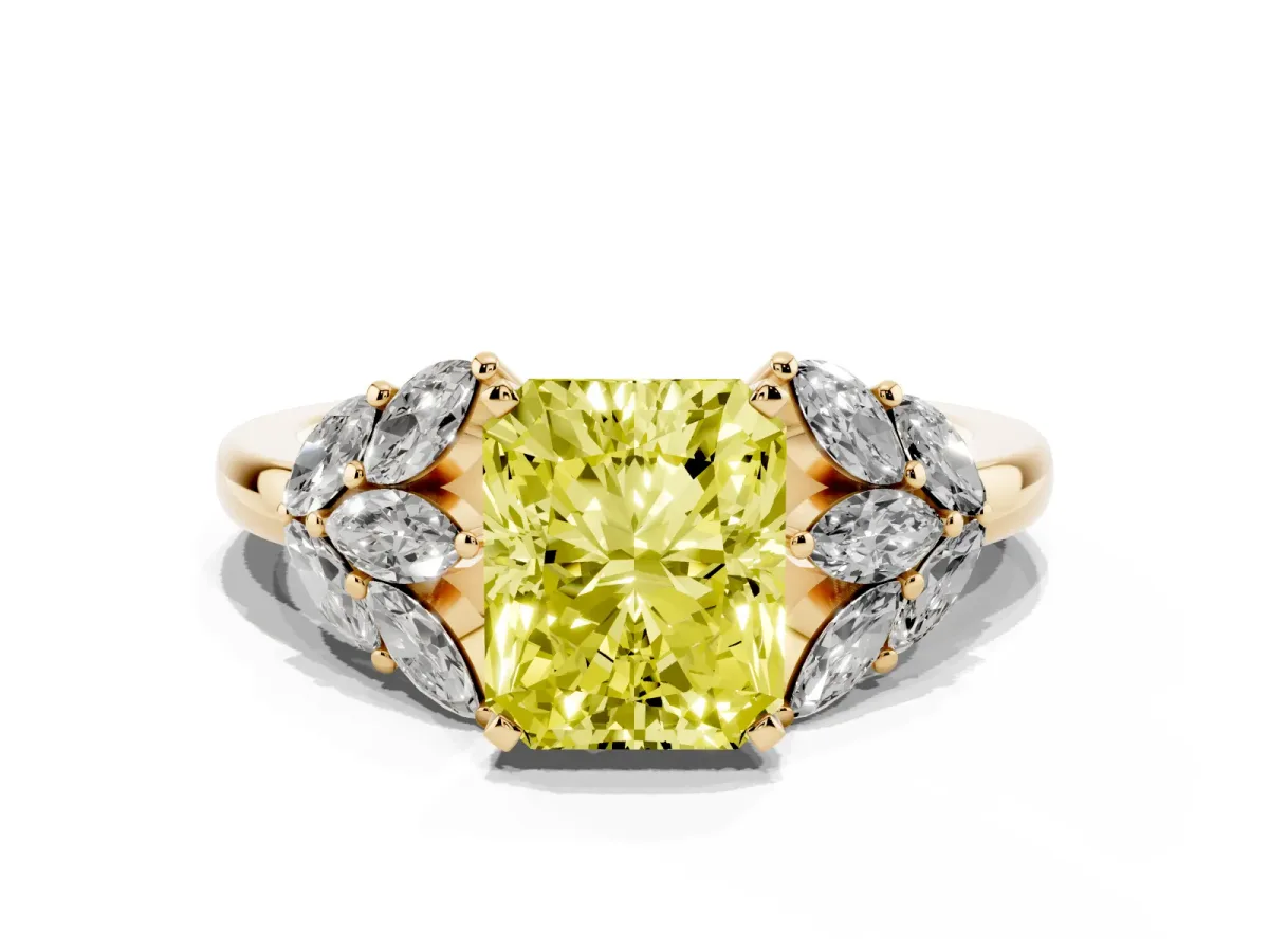 Fancy Yellow Radiant Cut Diamond Cluster Leaf Design Ring with Prong Setting Yellow gold