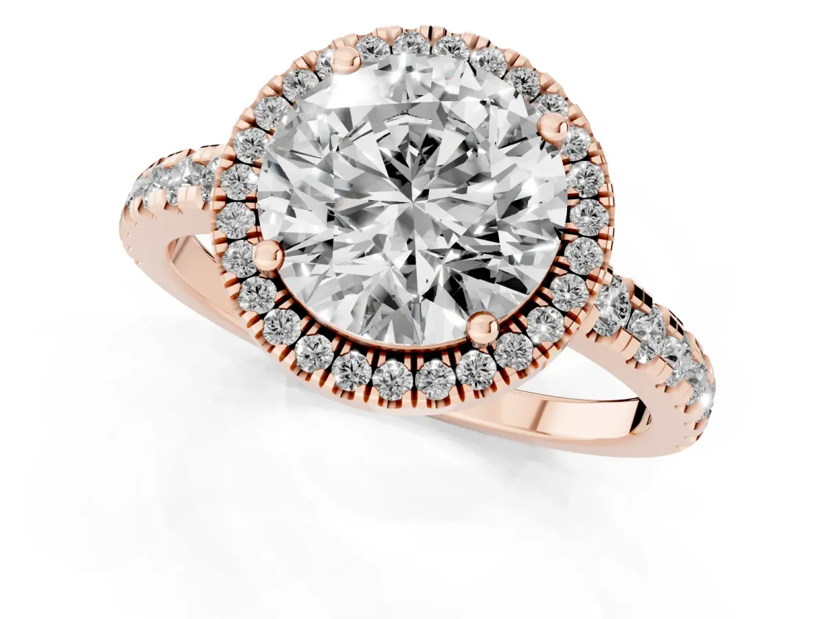 Round Cut Diamond Halo Ring with Pavé Band and Four-Prong Setting Rose gold