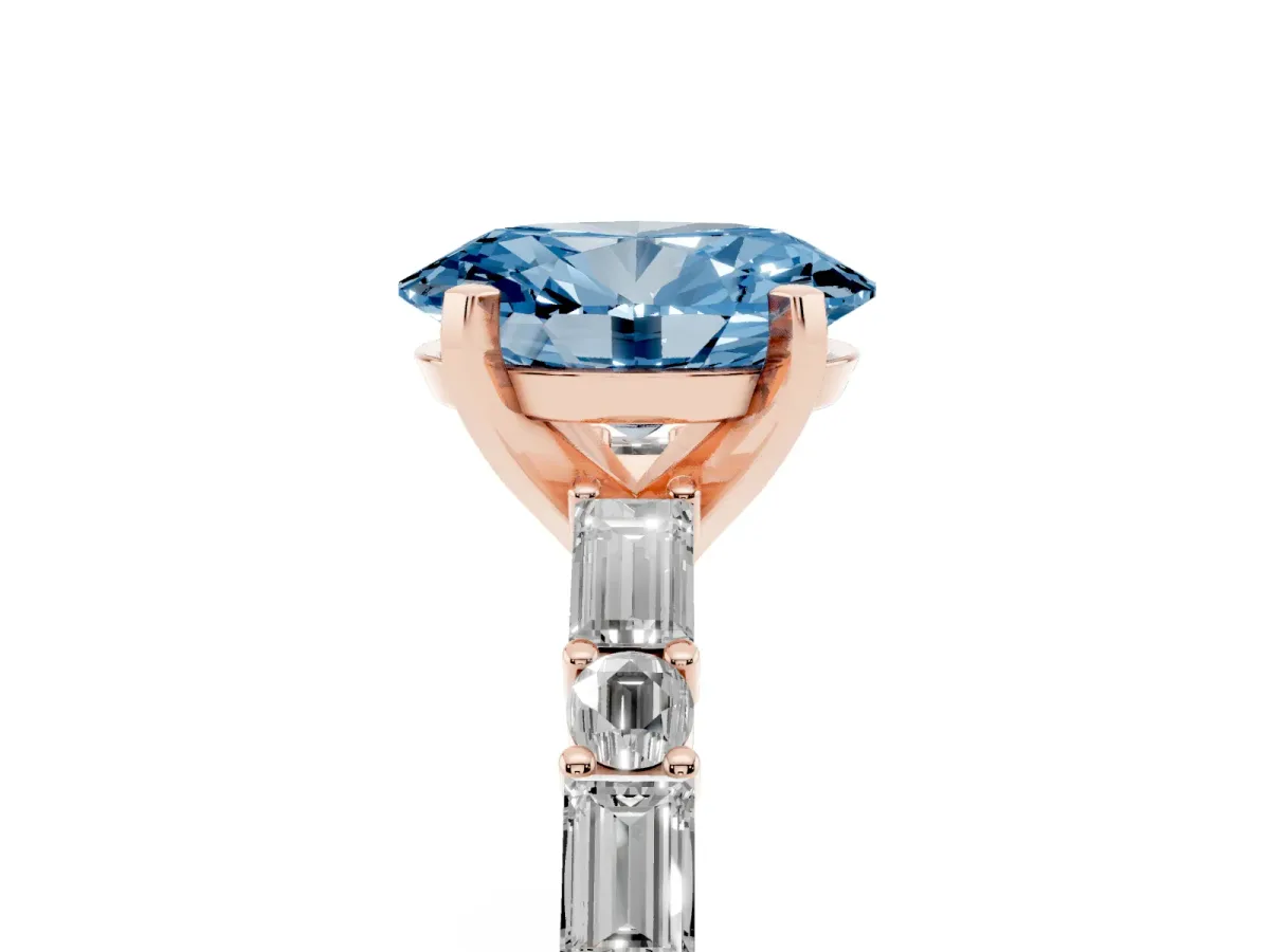 Fancy Blue Oval Cut Diamond Solitaire with Side Baguettes and Channel Set Band Rose gold