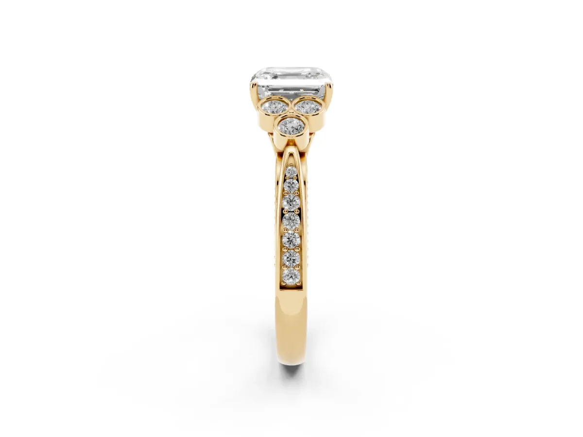 Asscher Cut Cut Diamond Engagement Ring with Bezel Set Round Side Stones and Prong Setting Yellow gold