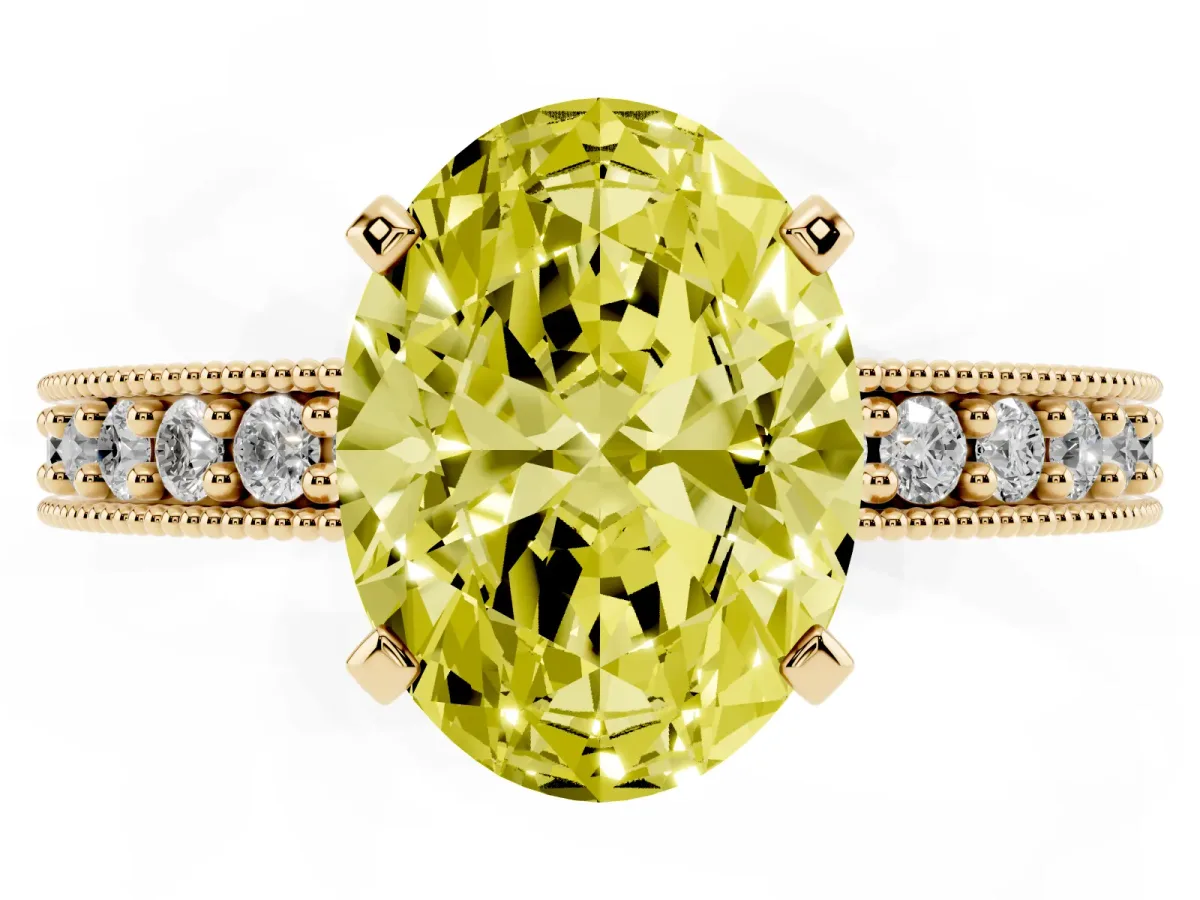 Fancy Yellow Oval Cut Diamond Milgrain Pavé Engagement Ring with Four-Prong Setting Yellow gold