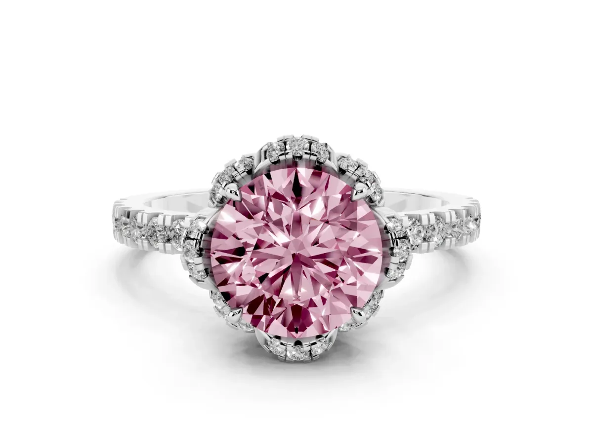 Fancy Pink Round Cut Diamond Halo Pave Band with Four-Prong Setting Silver
