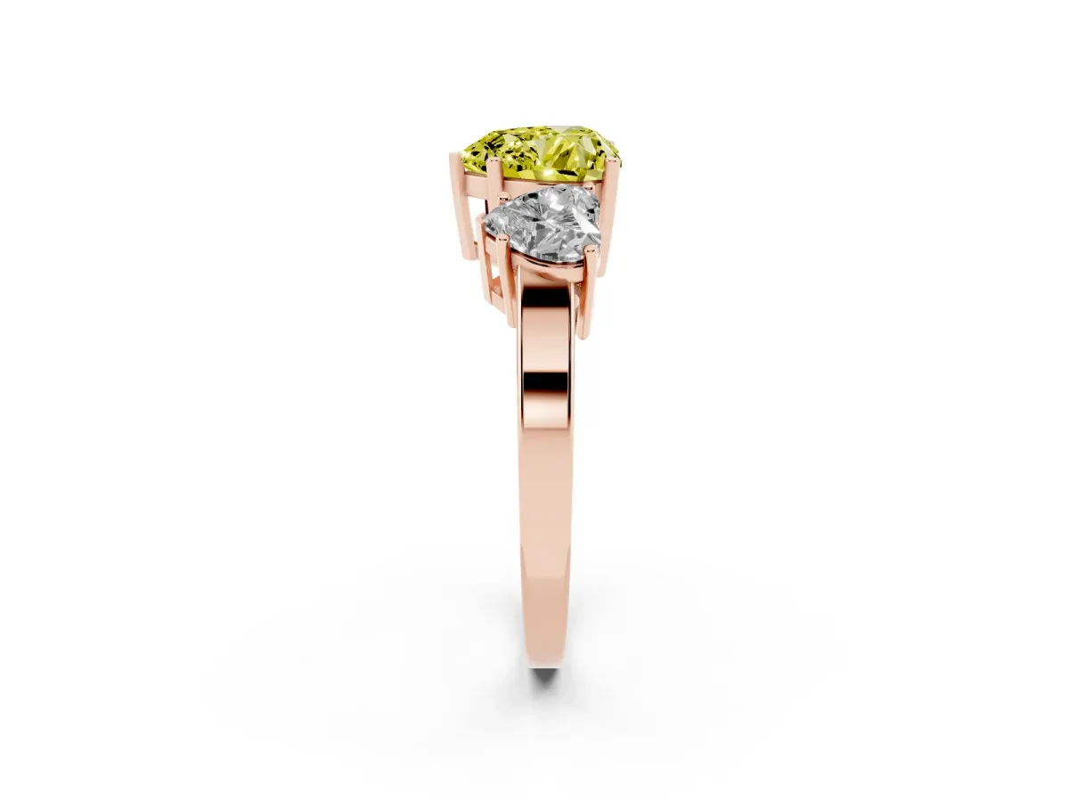 Fancy Yellow Three-Stone Heart Cut Cut Diamond Engagement Ring with Flat Band and Four-Prong Setting Rose gold