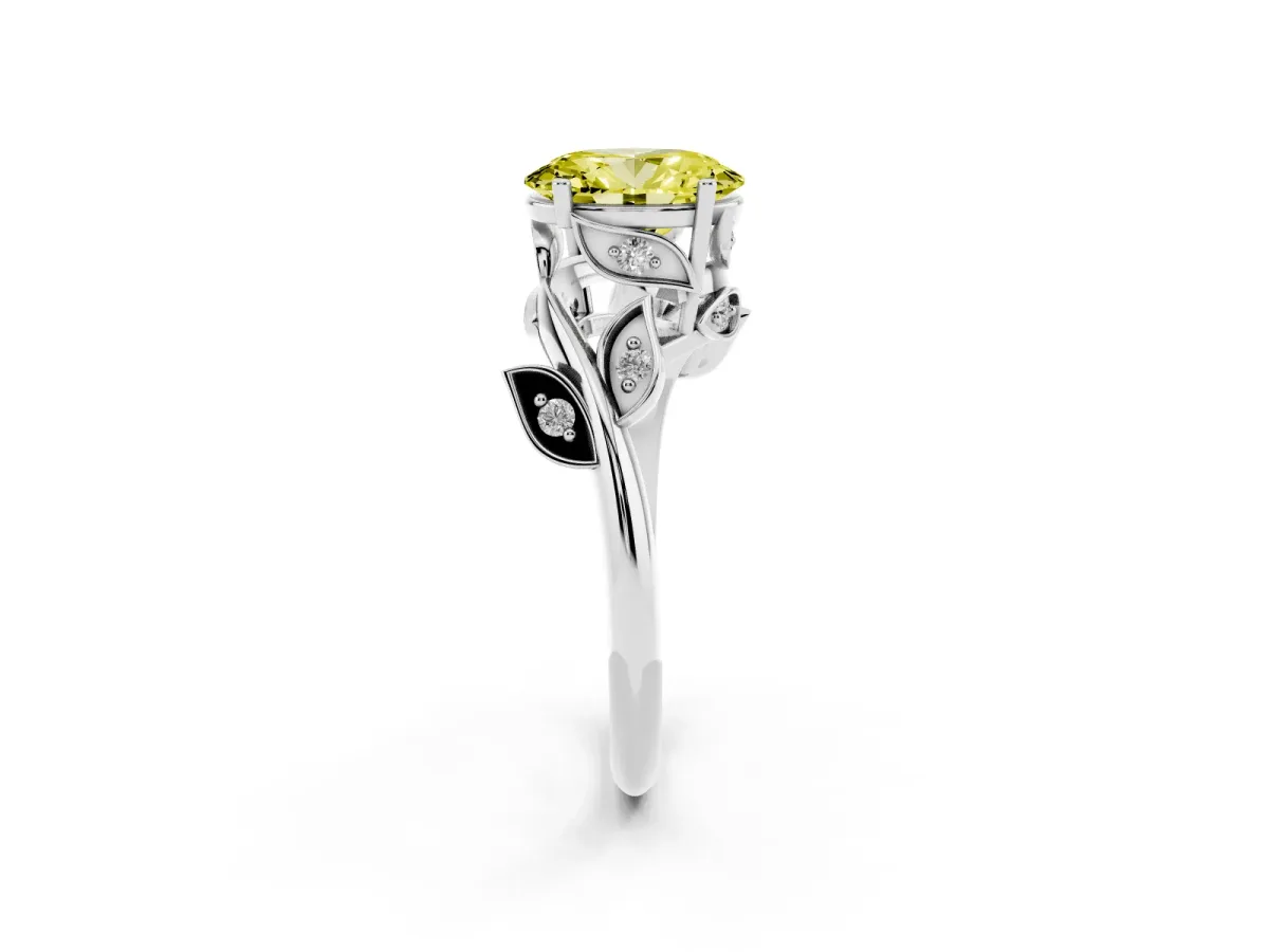 Fancy Yellow Oval Cut Solitaire Twist Engagement Ring with Leaf Accents and Prong Setting Silver