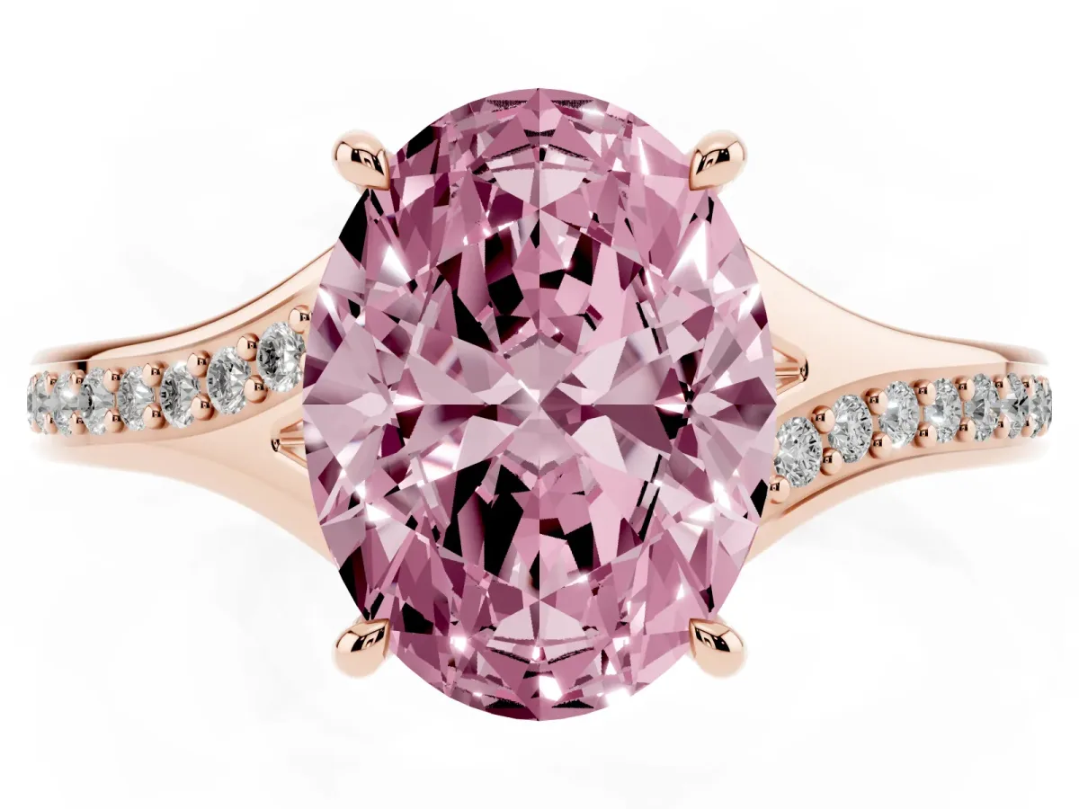 Fancy Pink Oval Cut Diamond Solitaire Ring with Pavé Band and Prong Setting Rose gold