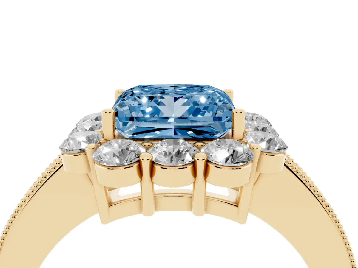 Fancy Blue Princess Cut Cut Halo Diamond Pavé Engagement Ring with Milgrain Detailing Yellow gold
