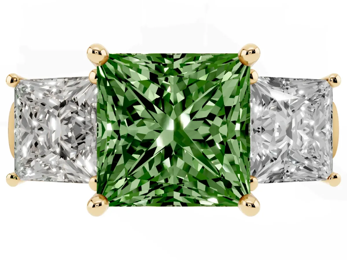 Fancy Green Three-Stone Princess Cut Brilliant Diamond Trellis Ring with Comfort Fit Band Yellow gold