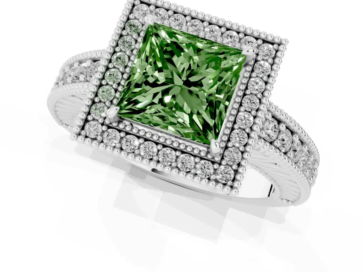 Fancy Green Princess Cut Cut Halo Diamond Ring with Pavé Band and Four-Prong Setting Silver