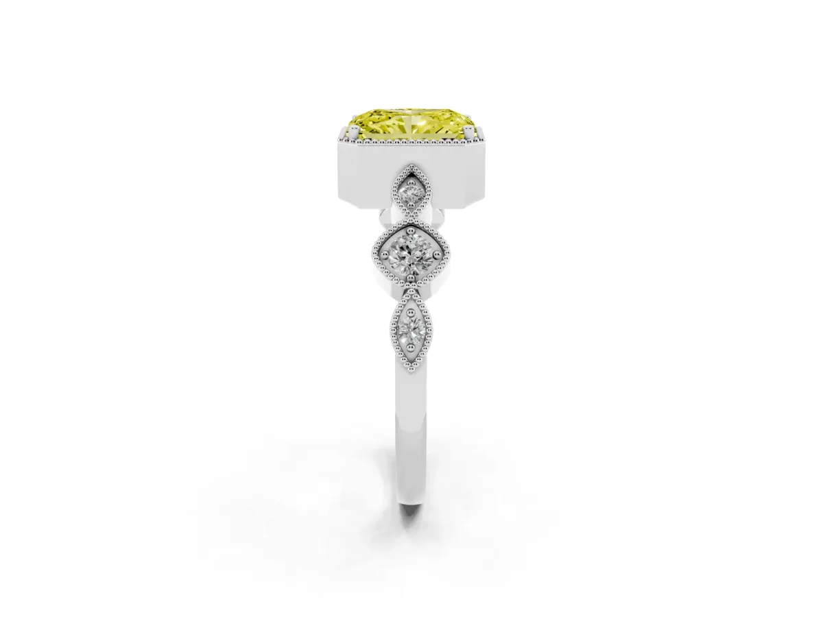 Fancy Yellow Radiant Cut Diamond Vintage Milgrain Ring with Round Stations Silver