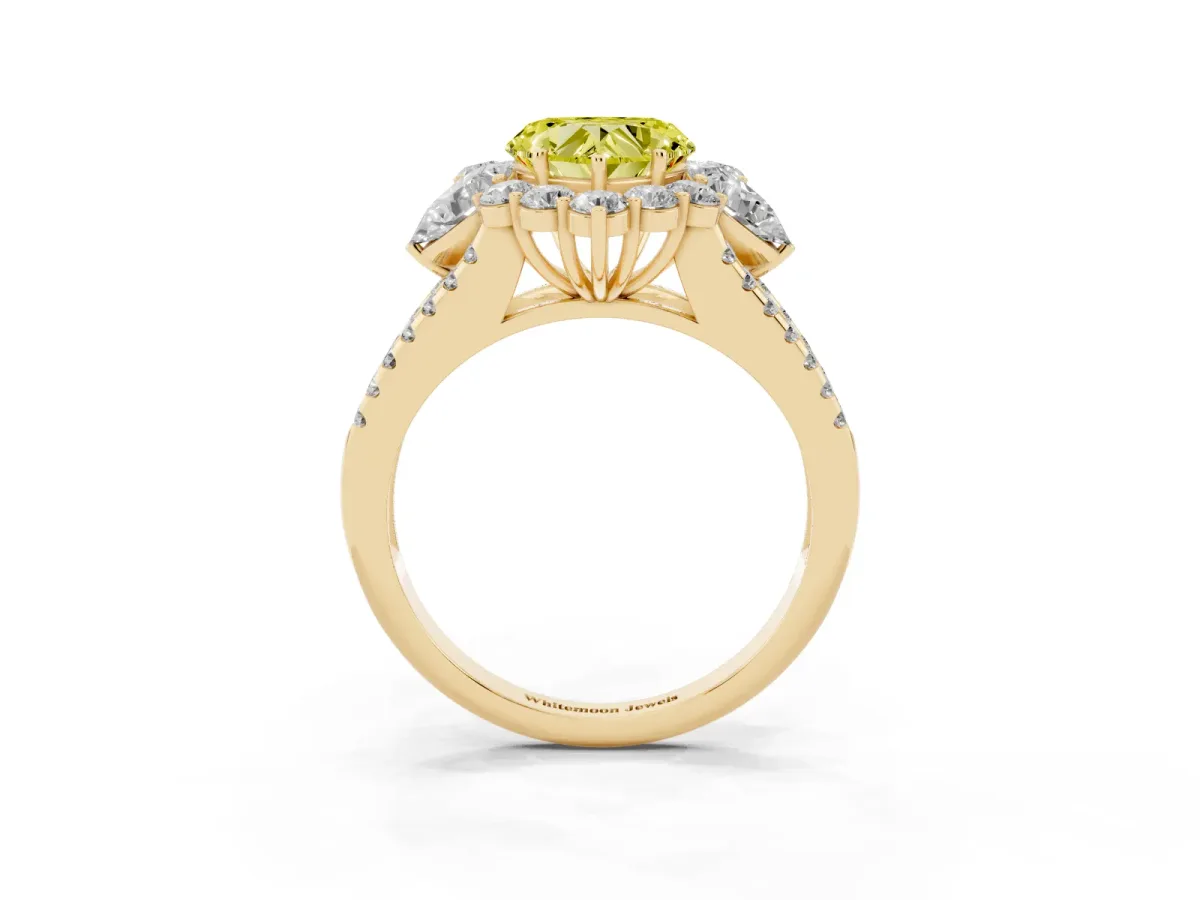Fancy Yellow Heart Cut Halo Split Shank Diamond Engagement Ring with Prong Setting Yellow gold