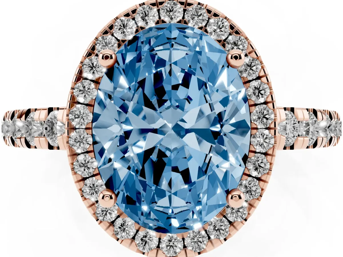 Fancy Blue Oval Cut Diamond Halo Ring with Pavé Band and Four-Prong Setting Rose gold