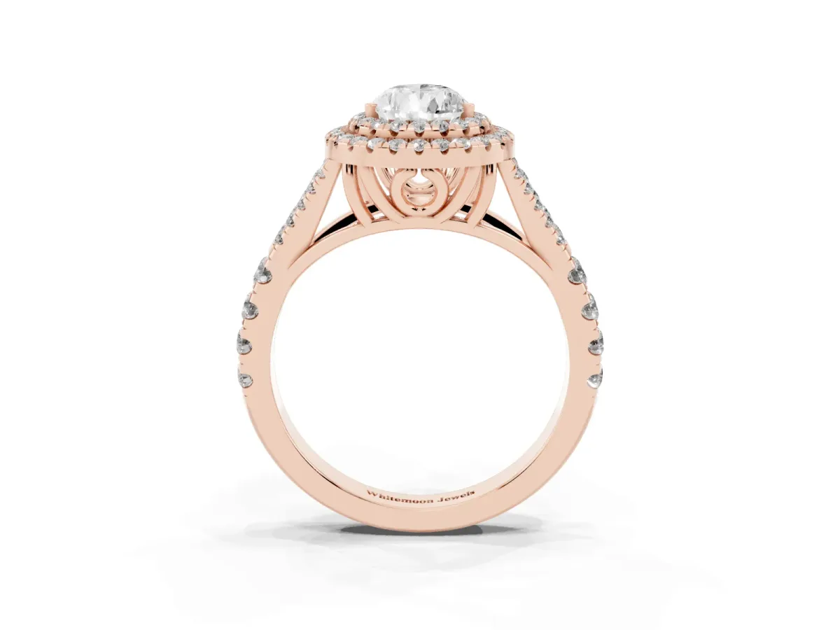 Pear Cut Cut Double Halo Split Shank Diamond Ring with Prong Setting Rose gold