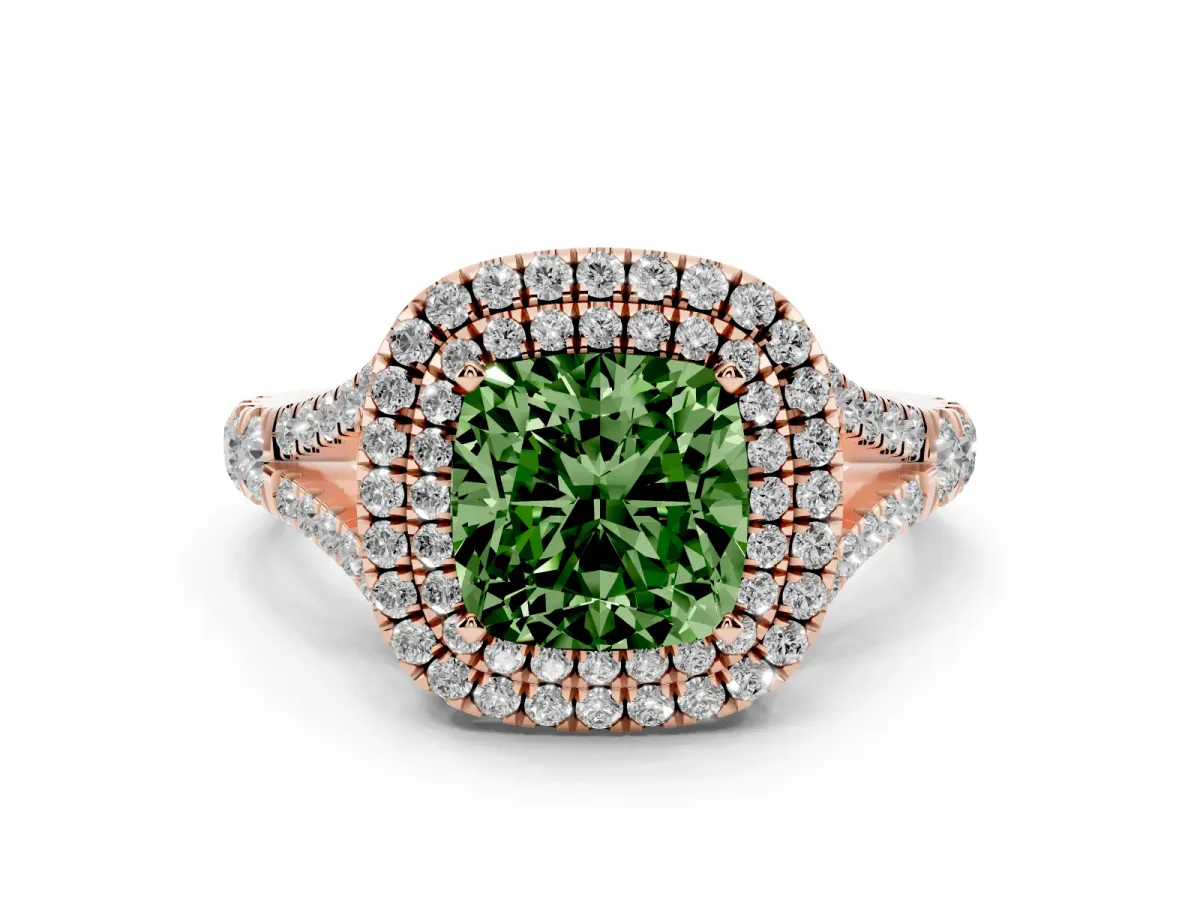 Fancy Green Cushion Cut Diamond Pavé Split Shank Double Halo Engagement Ring Rose gold