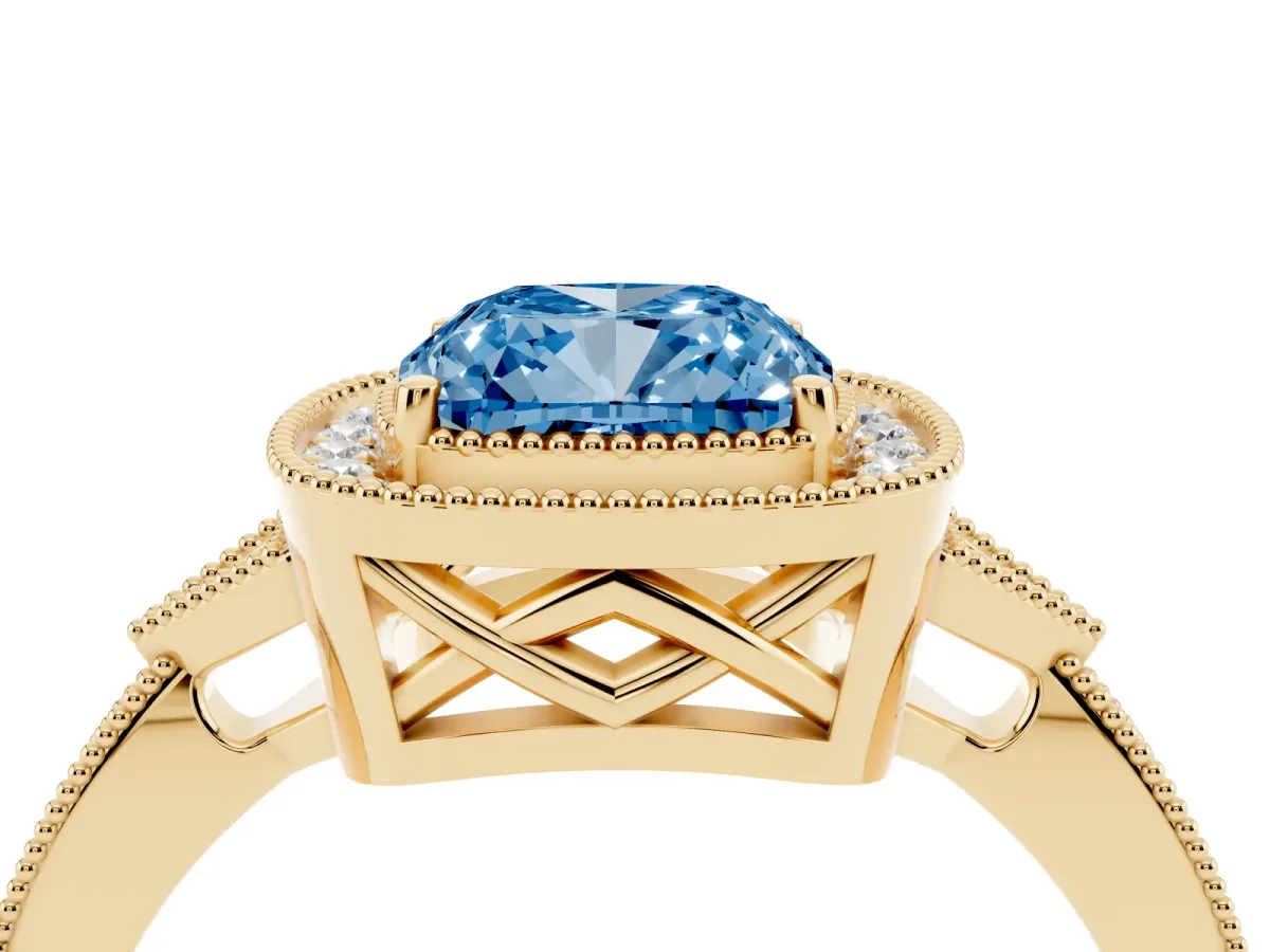 Fancy Blue Cushion Cut Halo Round Diamond Milgrain Pave Engagement Ring Yellow gold