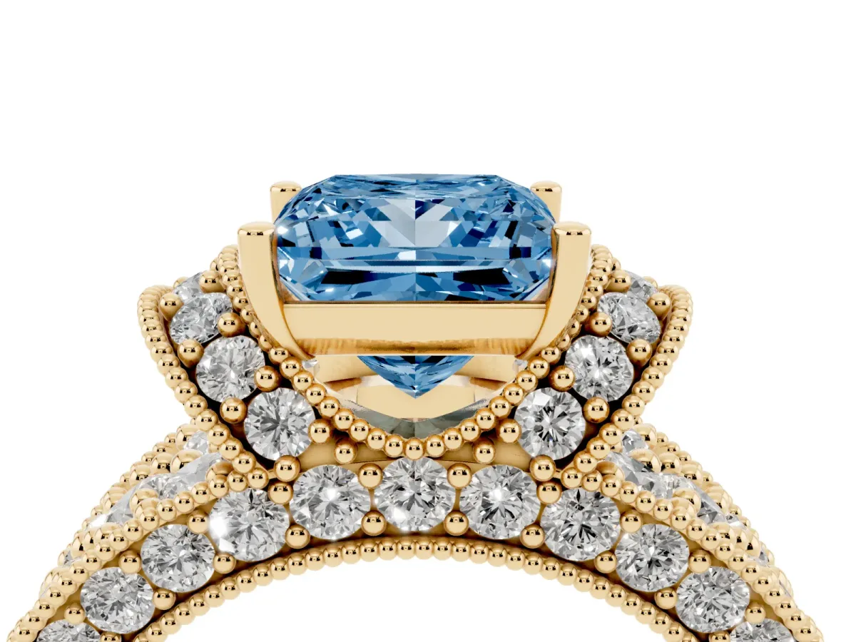 Fancy Blue Princess Cut Halo Pave Diamond Engagement Ring with Milgrain Detailing Yellow gold