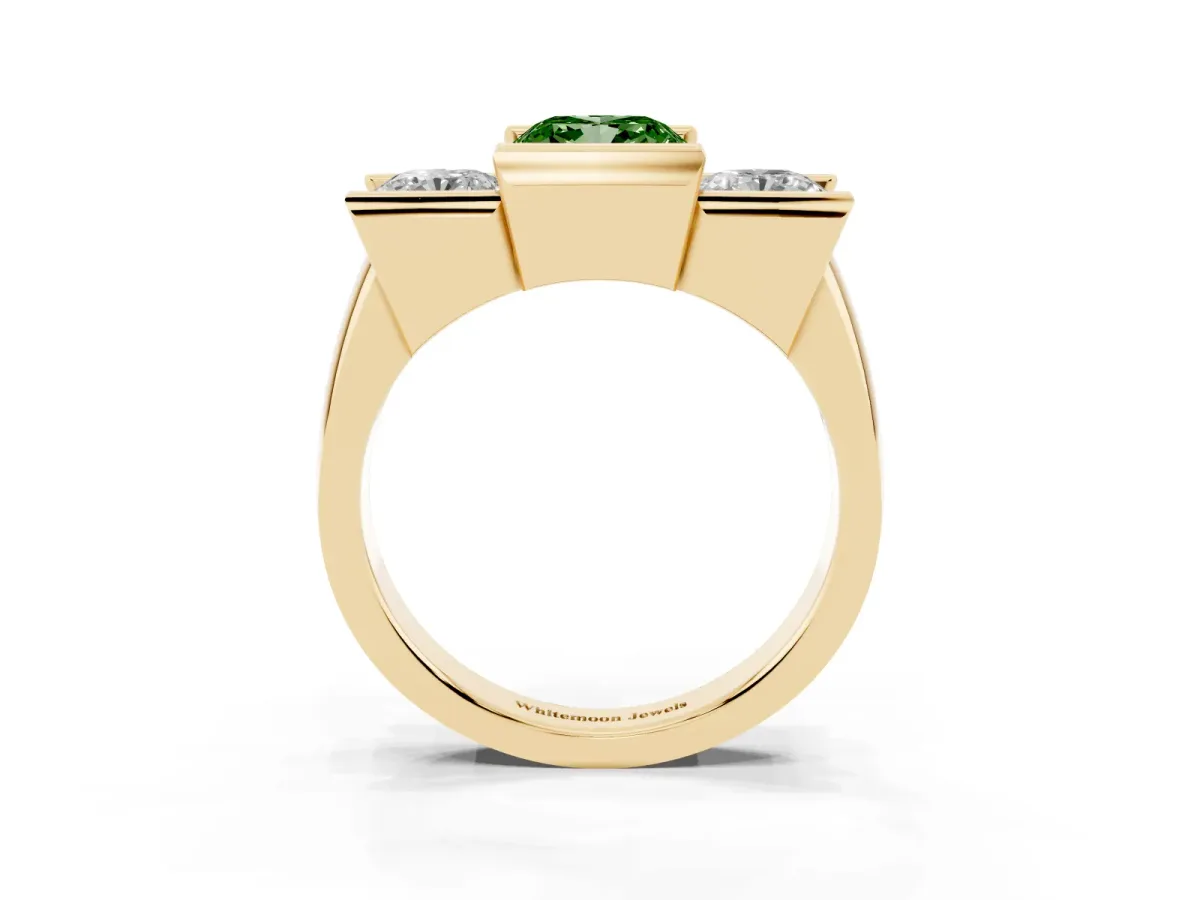 Fancy Green Three Stone Cushion Cut Cut Channel Set Diamond Ring Yellow gold