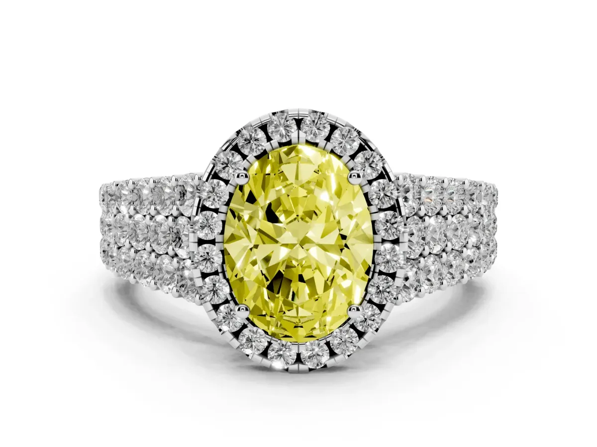 Fancy Yellow Oval Cut Diamond Halo Engagement Ring with Triple Row Round Pavé Band and Prong Setting Platinum