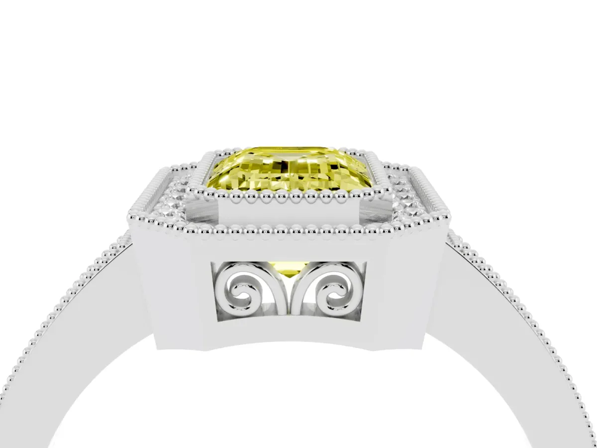 Fancy Yellow Emerald Cut Cut Halo Diamond Ring with Pavé Band and Milgrain Prong Setting White gold