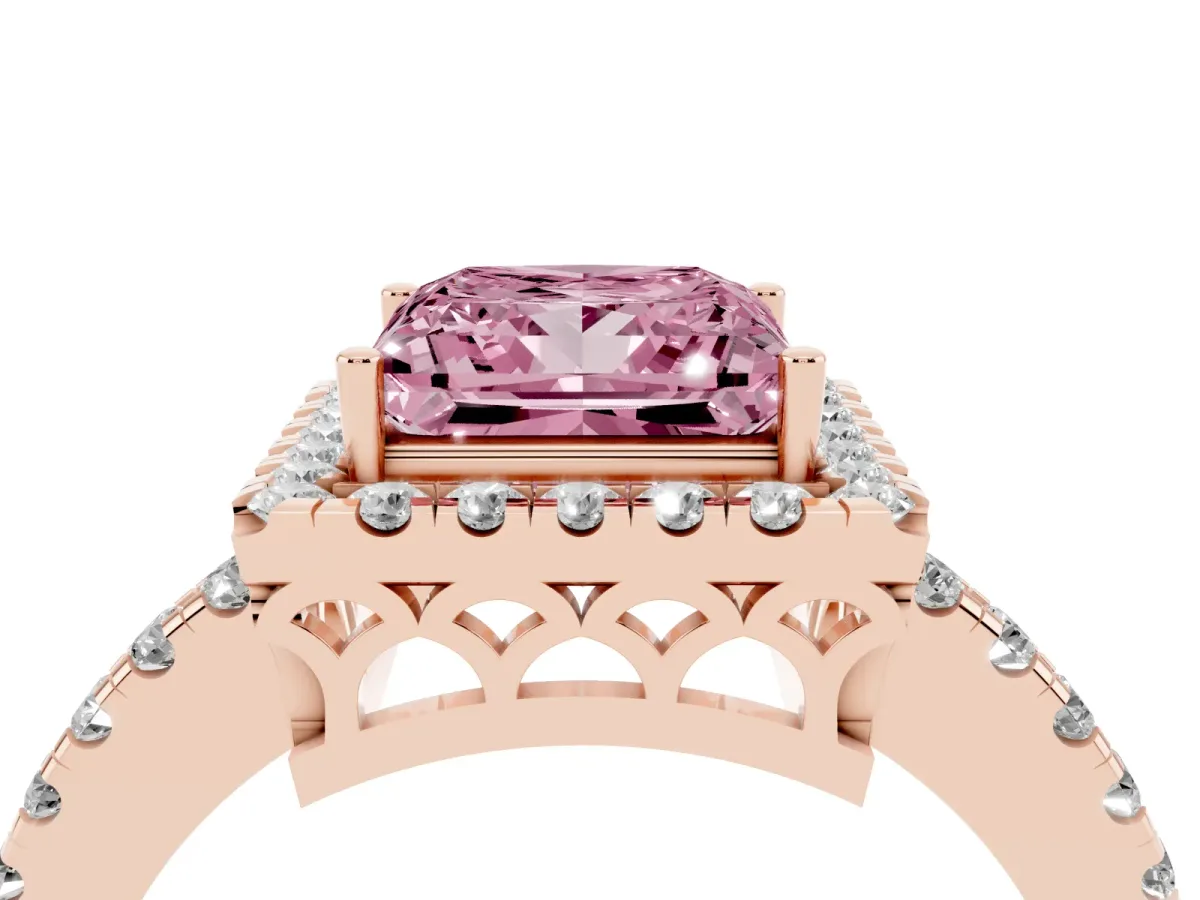 Fancy Pink Princess Cut Halo Diamond Engagement Ring with Pavé Band and Four-Prong Setting Rose gold
