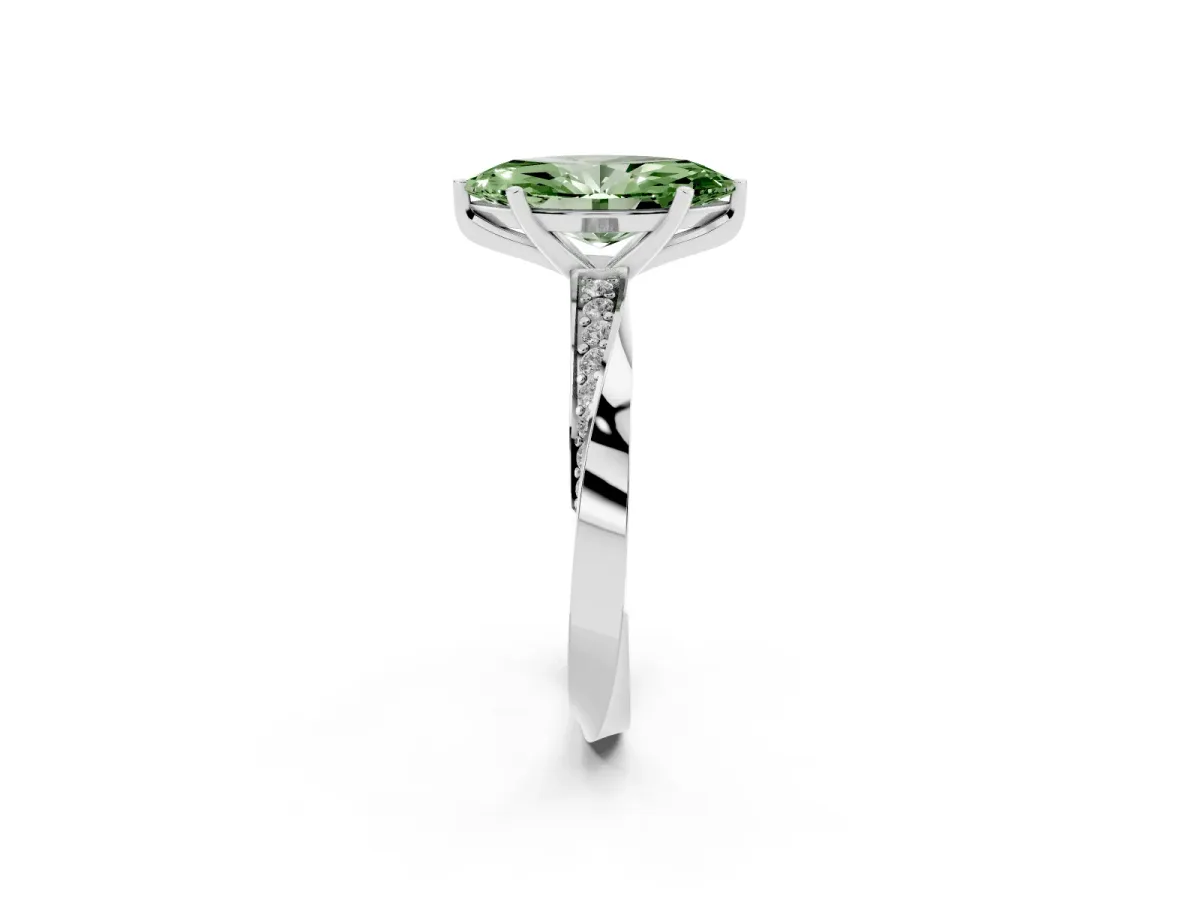 Fancy Green Marquise Cut Diamond Engagement Ring with Side Stone Accents and Four-Prong Setting Silver