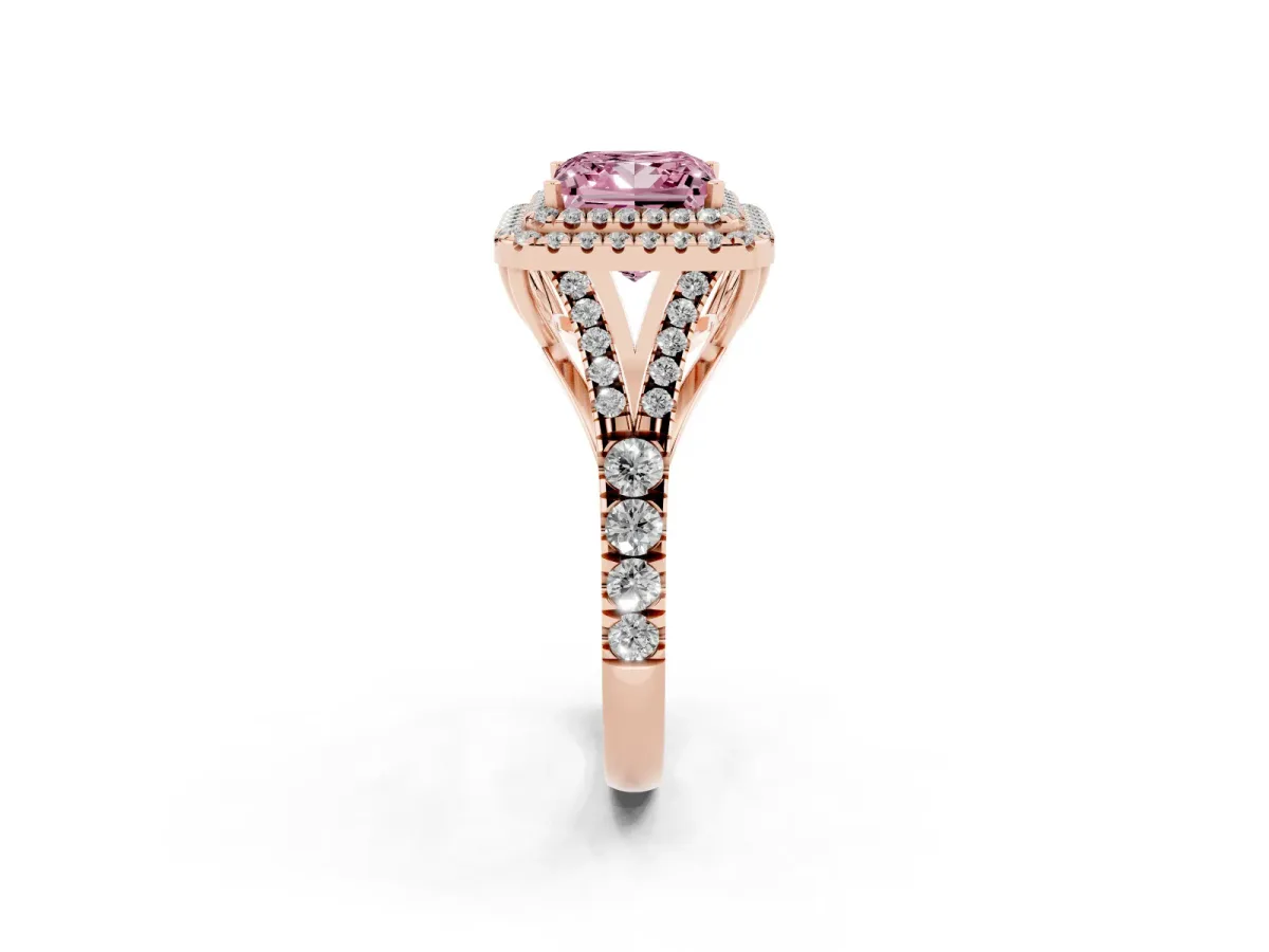 Fancy Pink Princess Cut Cut Double Halo Split Shank Diamond Ring with Prong Setting Rose gold