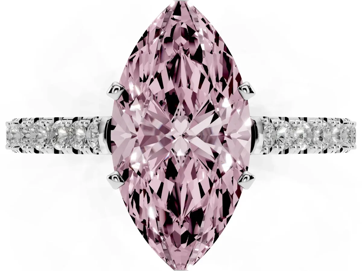 Fancy Pink Marquise Cut Cut Solitaire Diamond Engagement Ring with Pave Band and Four-Prong Setting Platinum