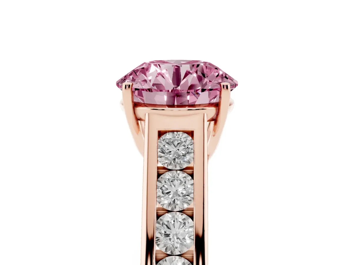 Fancy Pink Round Cut Brilliant Channel-Set Solitaire Ring with Four-Prong Setting Rose gold