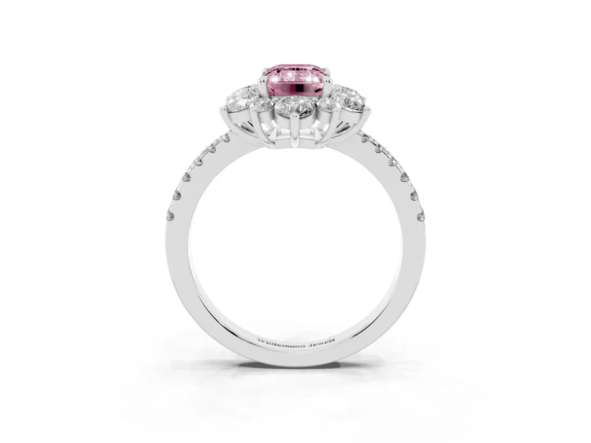 Fancy Pink Emerald Cut Diamond Floral Halo Ring with Round Pavé Band and Prong Setting Platinum