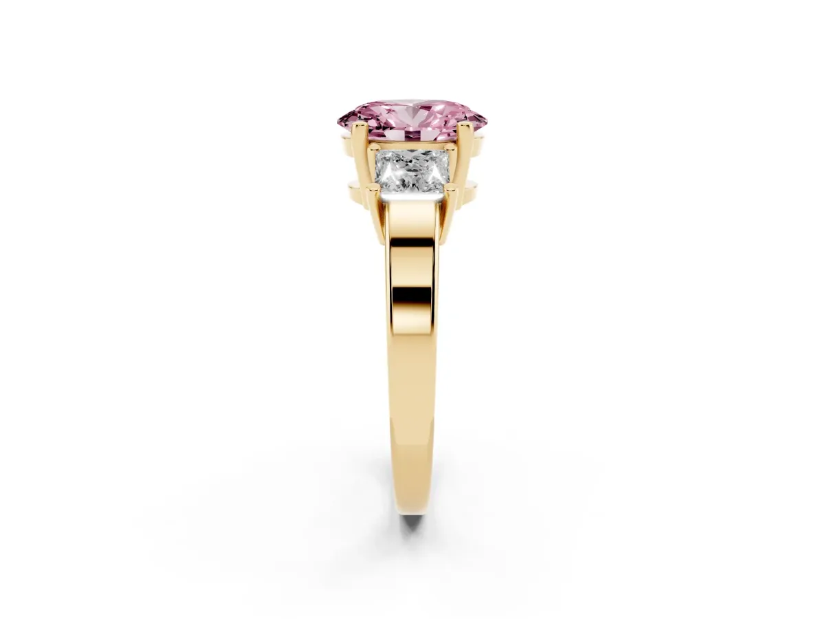 Fancy Pink Three-Stone Oval Cut Cut Solitaire Ring with Prong Setting Yellow gold
