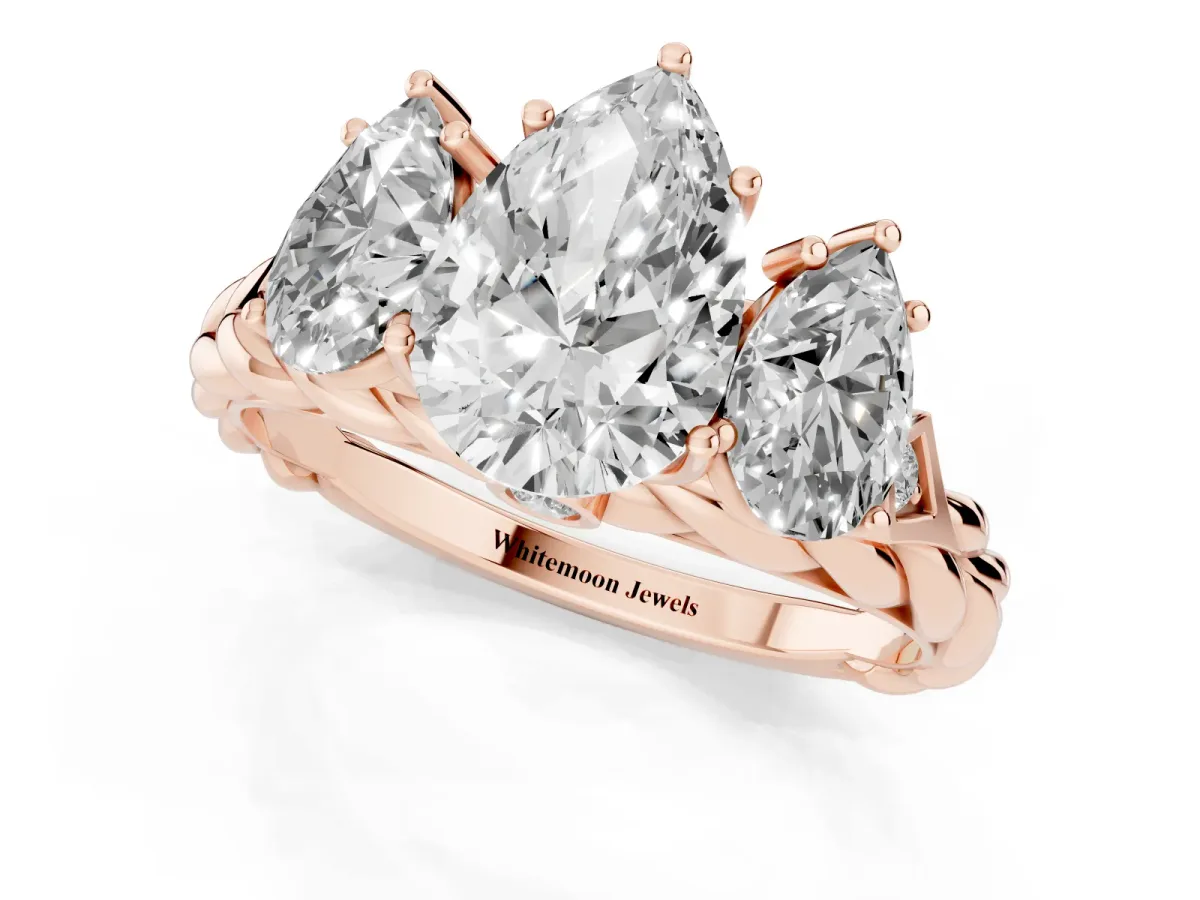 Three-Stone Pear Cut Diamond Braided Band Ring with Four-Prong Setting Rose gold