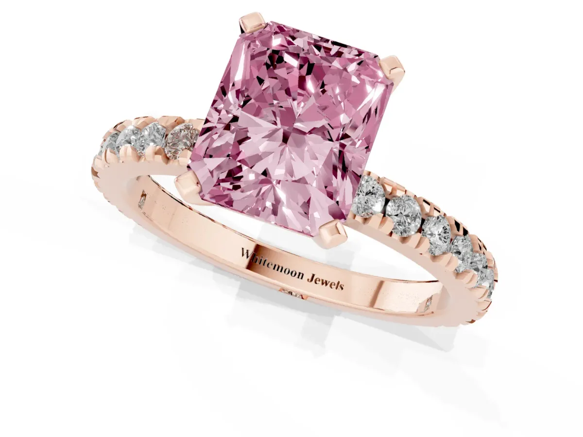 Fancy Pink Radiant Cut Diamond Pavé Band Solitaire with Four-Prong Setting Rose gold