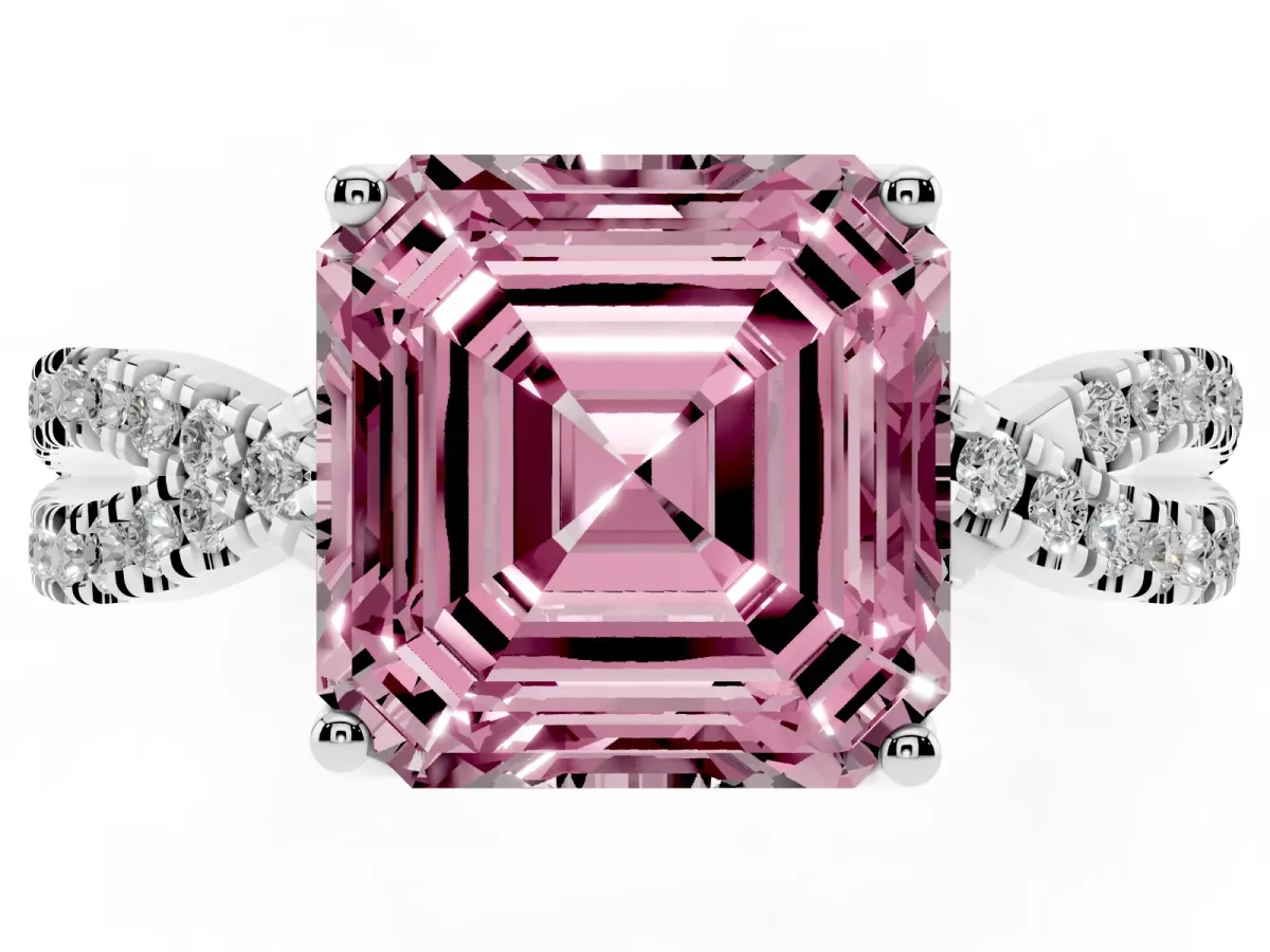 Fancy Pink Asscher Cut Solitaire Twist Pave Diamond Engagement Ring with Prong Setting Silver