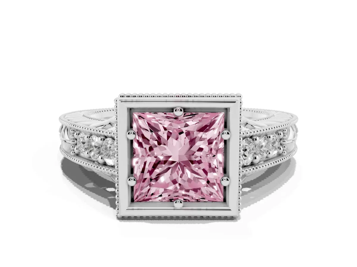 Fancy Pink Bezel Set Princess Cut Diamond Milgrain Pave Engagement Ring Platinum