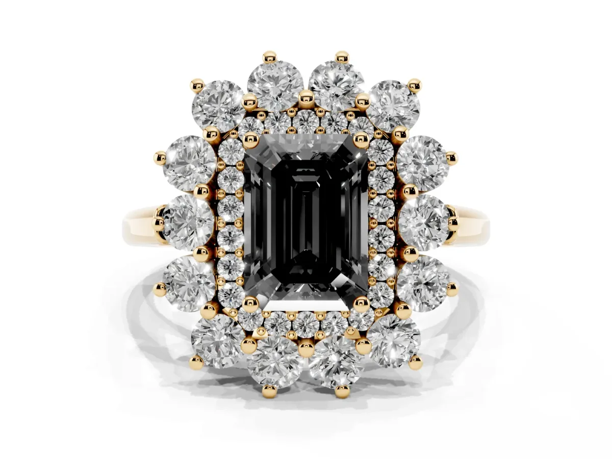 Fancy Black Emerald Cut Diamond Floral Double Halo Engagement Ring with Prong Setting Yellow gold