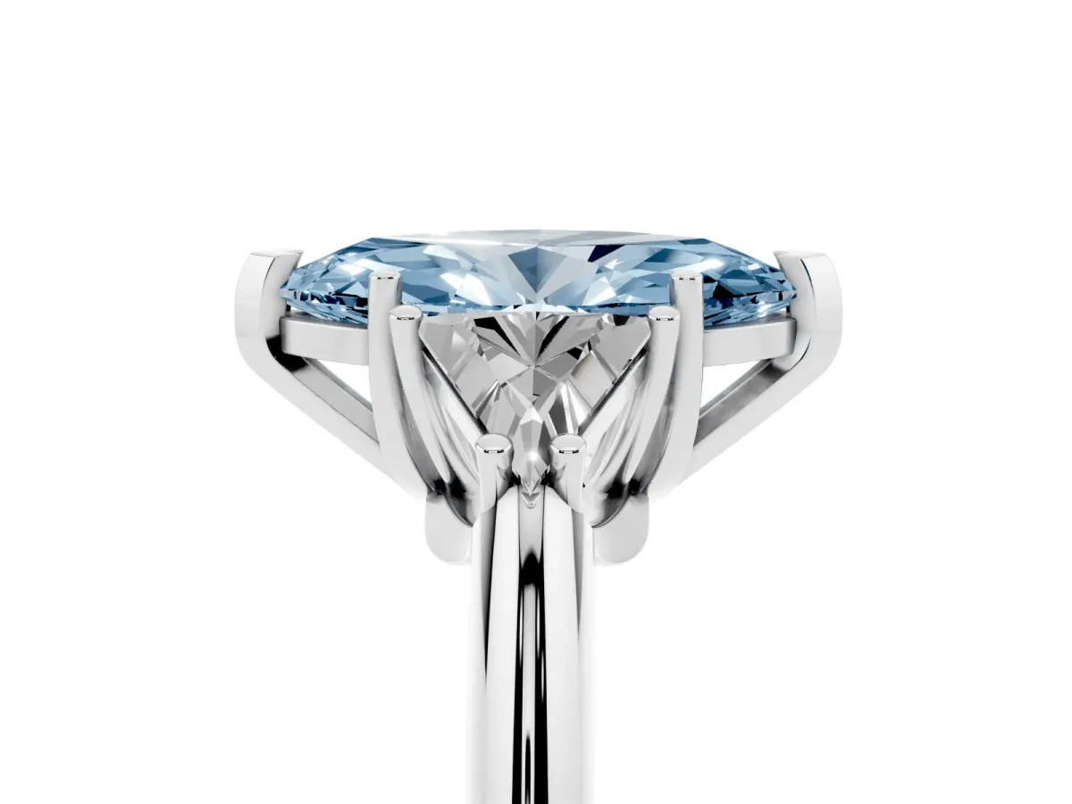 Fancy Blue Three-Stone Marquise Cut Diamond Engagement Ring with Trillion Side Stones and Prong Setting Silver