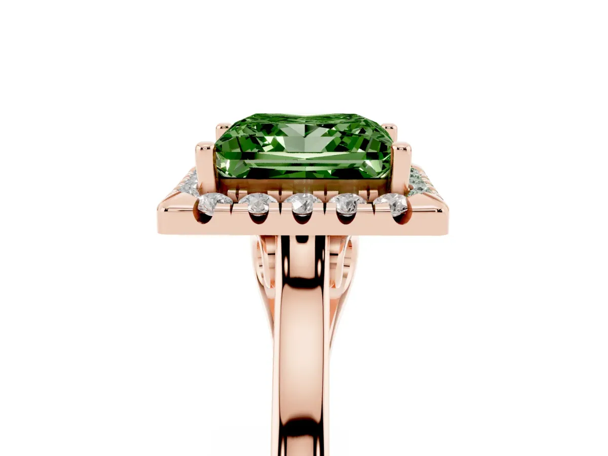 Fancy Green Princess Cut Halo Round Diamond Solitaire Ring with Pavé Band and Four-Prong Setting Rose gold