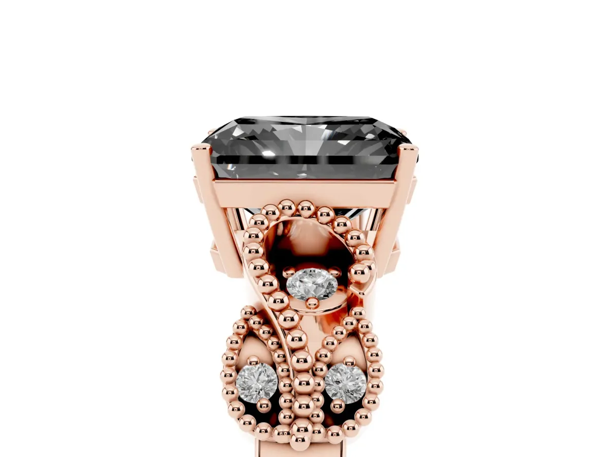 Fancy Black Radiant Cut Solitaire Milgrain Leaf Band with Prong Setting Rose gold