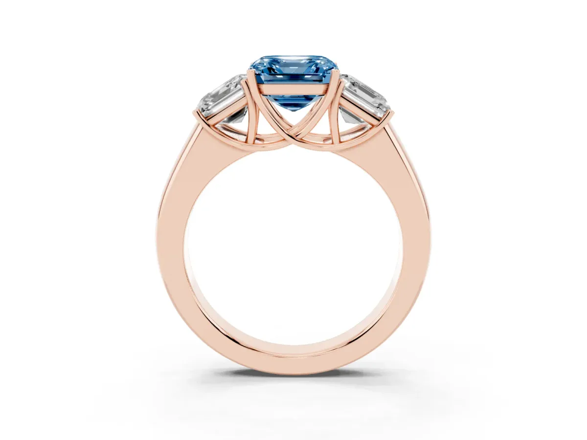 Fancy Blue Three-Stone Asscher Cut Cut Diamond Ring with Prong Setting and Classic Band Rose gold