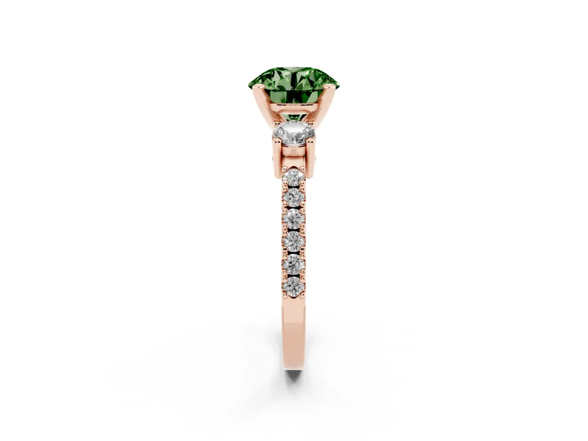 Fancy Green Round Cut Three-Stone Diamond Pavé Band with Prong Setting Rose gold