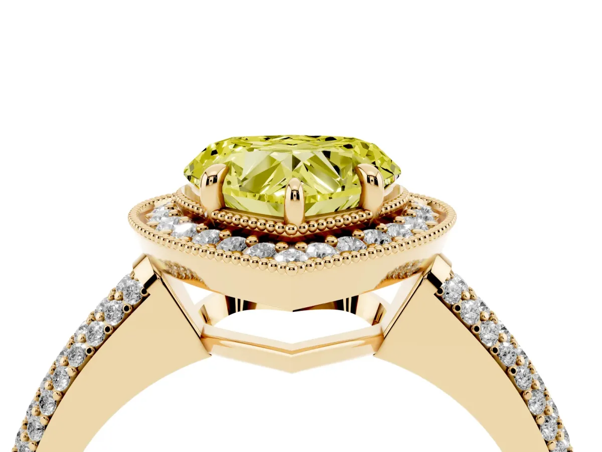 Fancy Yellow Heart Cut Cut Halo Diamond Pave Band with Four-Prong Setting Yellow gold