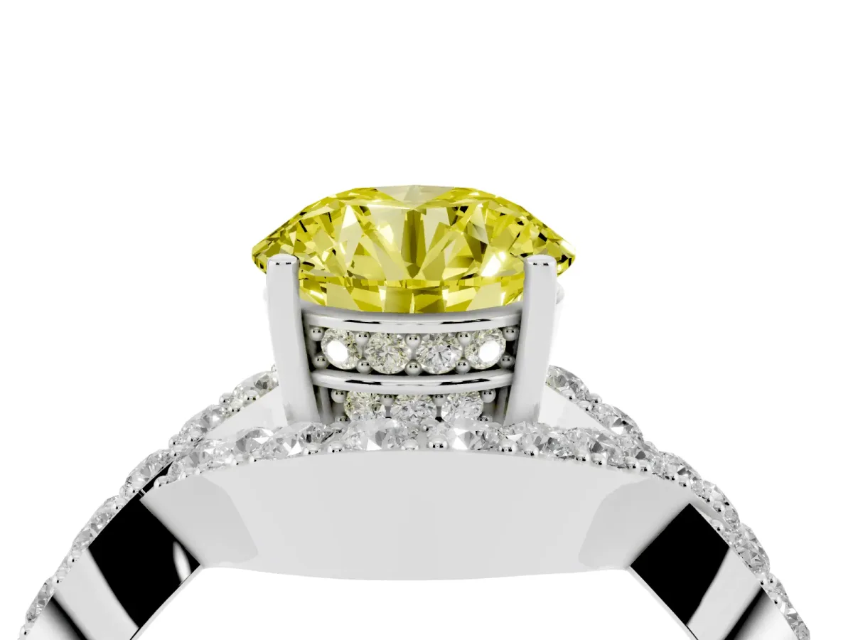 Fancy Yellow Round Cut Solitaire Twist Band Pavé Diamond Engagement Ring Silver