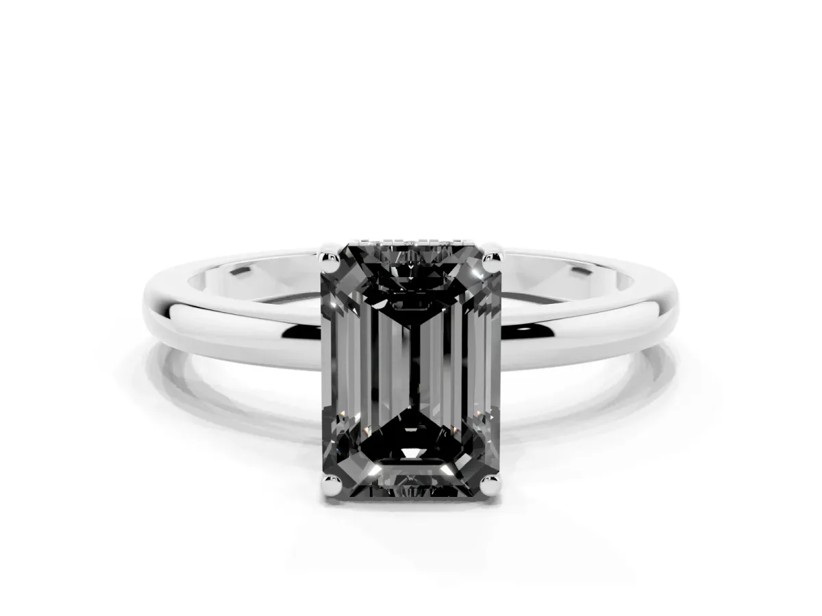 Fancy Black Emerald Cut Solitaire Diamond Ring with Prong Setting and Plain Band Silver