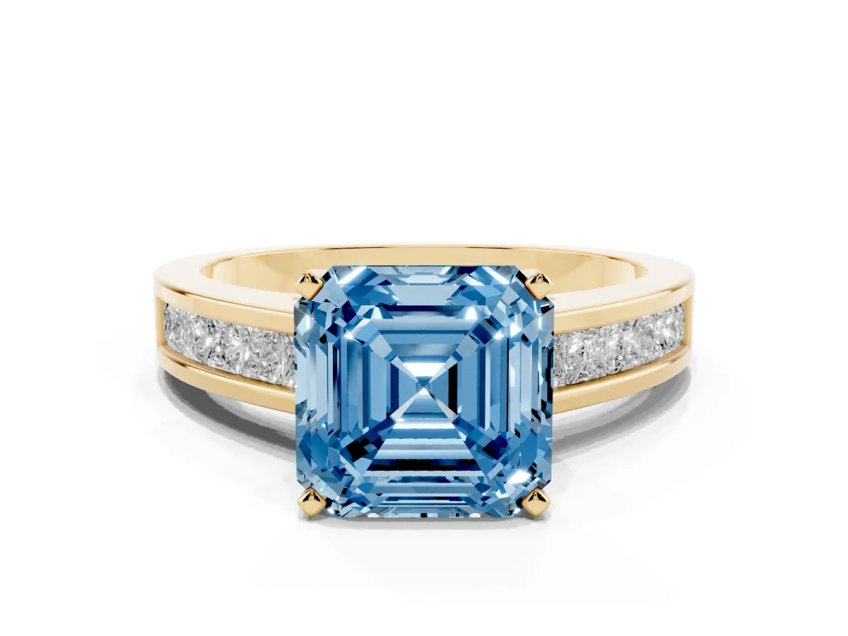Fancy Blue Asscher Cut Solitaire Diamond Ring with Channel-Set Band and Four-Prong Setting Yellow gold