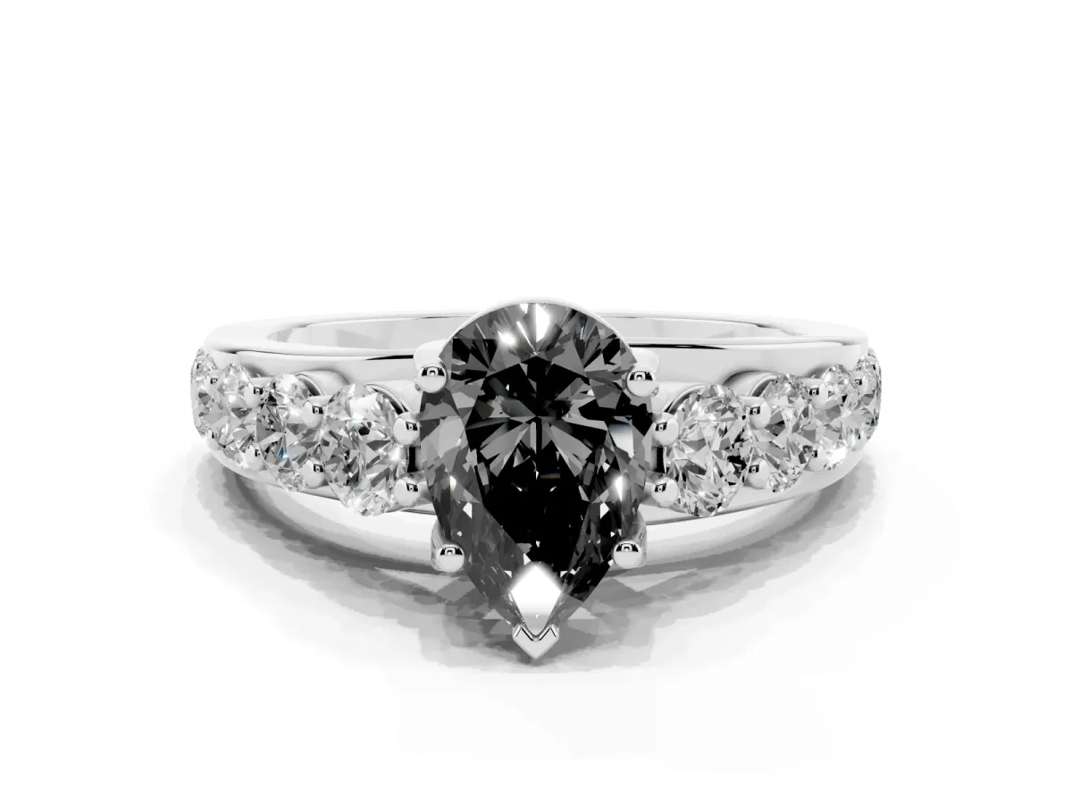 Fancy Black Pear Cut Diamond Engagement Ring with Pavé Band and Four-Prong Setting Silver