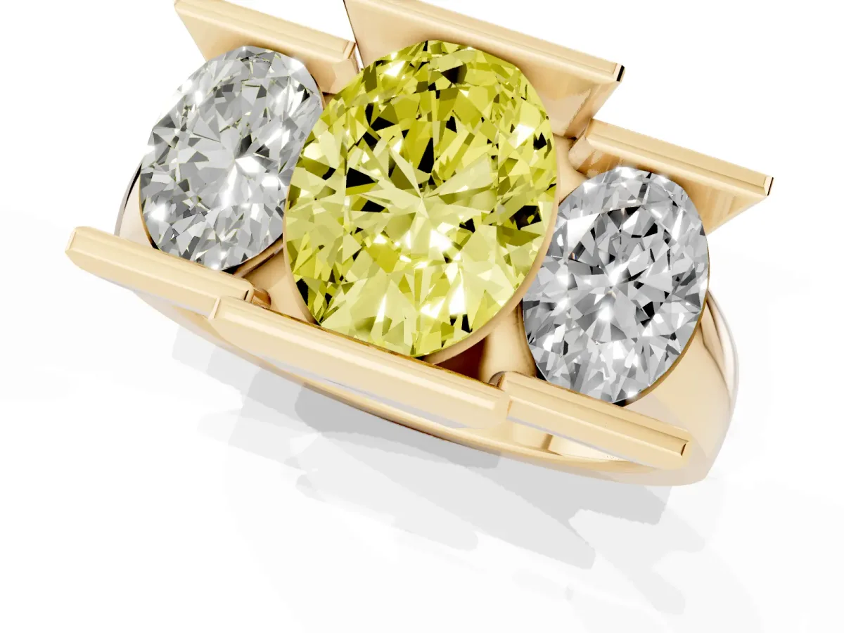Fancy Yellow Three Stone Oval Cut Cut Channel Set Diamond Ring Yellow gold