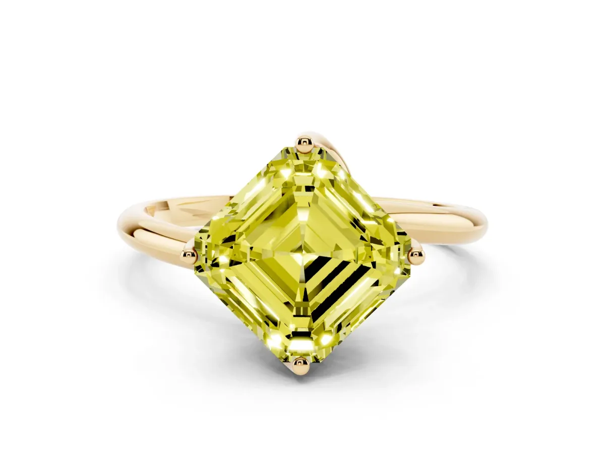 Fancy Yellow Asscher Cut Diamond Solitaire Engagement Ring with Four-Prong Setting and Classic Band Yellow gold