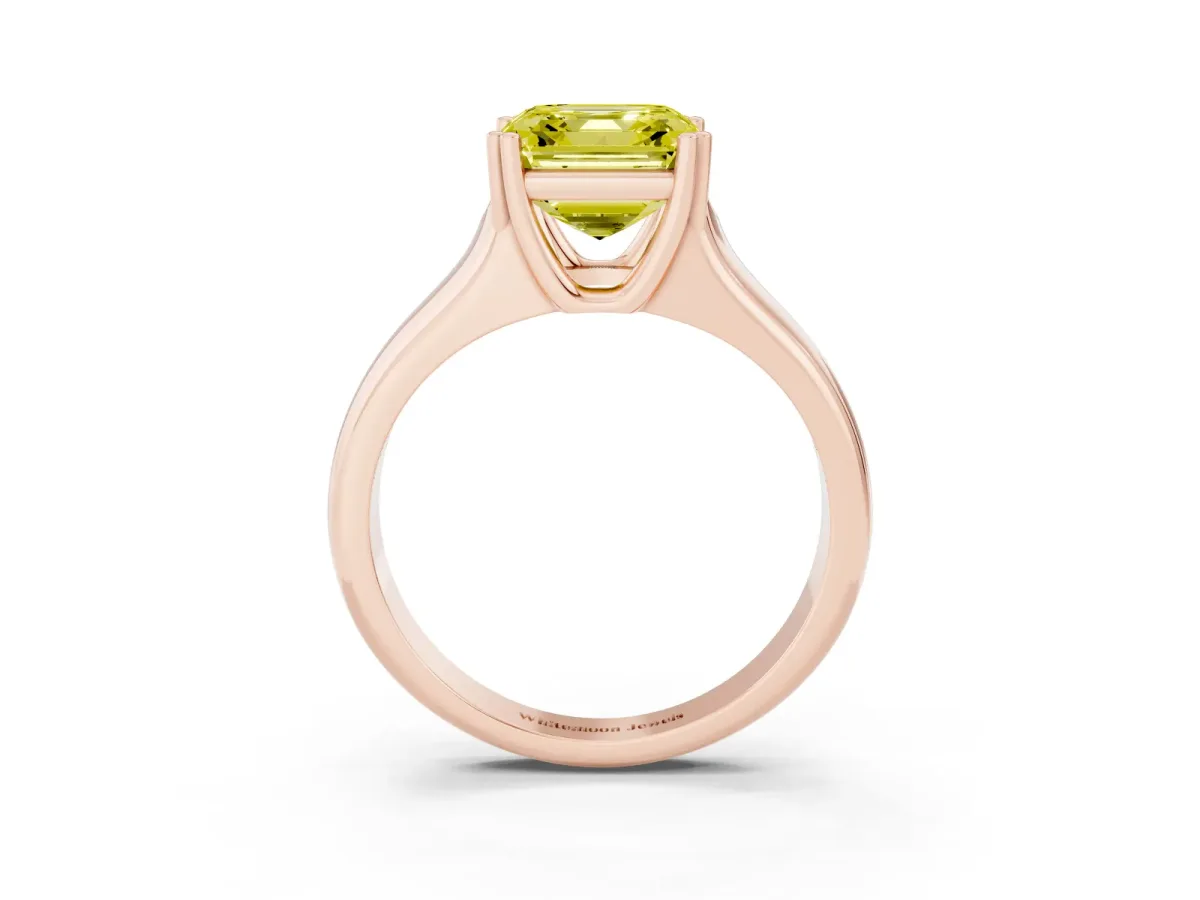 Fancy Yellow Asscher Cut Diamond Solitaire Ring with Wide Band and Prong Setting Rose gold