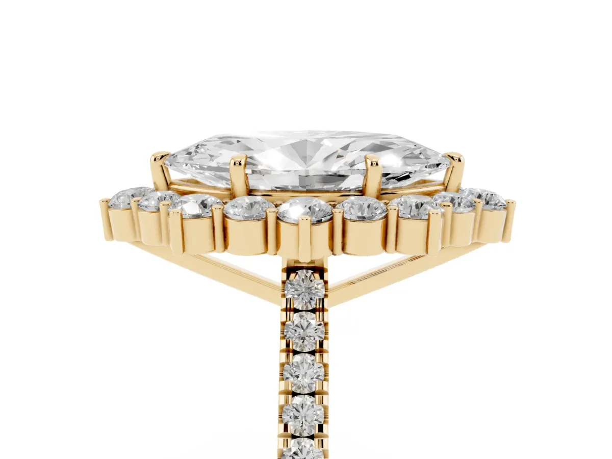 Marquise Cut Halo Diamond Ring with Pavé Band and Prong Setting Yellow gold